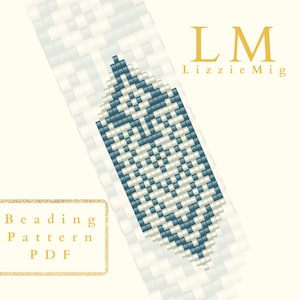 May include: A beaded pattern design with a white and blue colour scheme. The pattern is in the shape of a teardrop. The text "Beading Pattern PDF" is in a gold frame at the bottom left of the image. The text "LM Lizzie Mig" is in gold at the top right of the image.