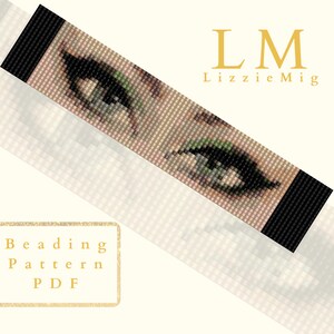May include: A beaded bracelet pattern featuring a close-up of a woman's eye with green eyeshadow and black eyeliner. The pattern is for a beaded bracelet and is available as a PDF download. The text "Beading Pattern PDF" is in a gold rectangle at the bottom left of the image. The text "LM Lizzie Mig" is in gold at the top right of the image.