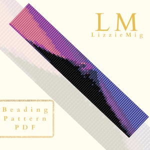 May include: A beaded bracelet pattern featuring a colorful sunset design with shades of pink, purple, blue, and black. The pattern is available as a PDF download. The text "LM Lizzie Mig" is in the upper right corner of the image.