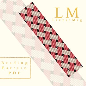 May include: A beaded bracelet pattern with a geometric design featuring pink, white, and black beads. The pattern is called "LM Lizzie Mig" and is available as a PDF download.