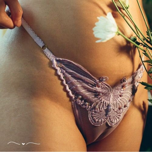Handmade Embroidered Butterfly With Sequins Thong Underwear pink