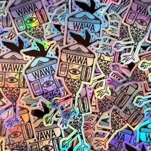 May include: A collection of holographic stickers featuring the word "WAWA" in bold letters. Each sticker includes a coffee cup, an eye, and a hot dog. Some stickers have a bird silhouette. The stickers have a rainbow sheen.