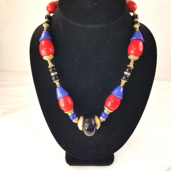 Luciana Bijoux Necklace Made In Italy Modern Glass Plastic Gold Tone Blue Red