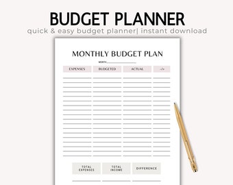 May include: A printable monthly budget planner with columns for expenses, budgeted amount, actual amount, and total income. The planner has a simple design with black text on a white background.