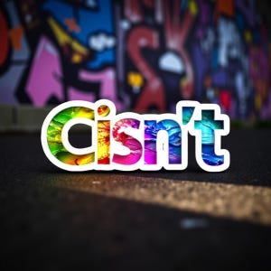 May include: A sticker featuring the word "cisn't" in a vibrant rainbow gradient, edged with white. The background is a blurred graffiti wall. The sticker rests on a dark asphalt surface.