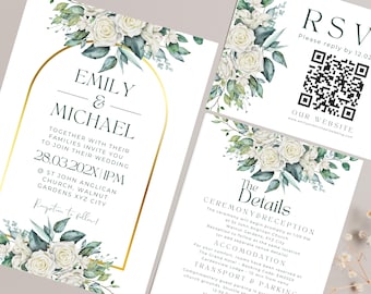 Floral Wedding Invitation Suite | Greenery and White Roses (Digital Download)