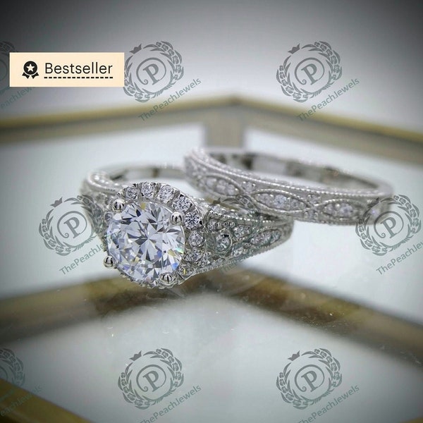 Anillo de compromiso vintage de la década de 1880 con halo de diamantes de 2,00 ct engastado en plata de ley 935, anillo vintage, delicado conjunto de banda.