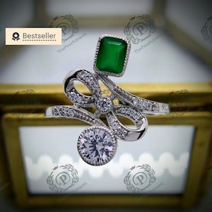 1880&#39;s retro era vintage art deco toi et moi ring diamond & emerald engagement ring in 935 argentium silver estate antique rings for womens