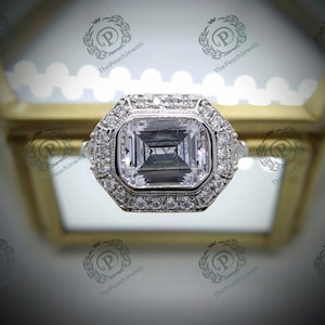 Art deco 1880&#39;s east west emerald diamond engagement ring 2.30 ct halo vintage engagement ring in 935 argentium silver art deco ring gifts