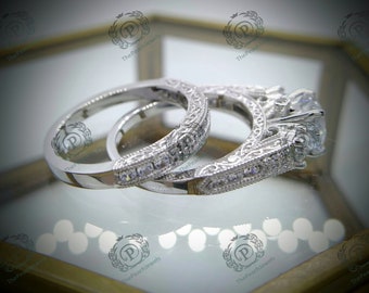 1880's estate edwardian engagement bridal set, 2.00ct diamond engagement ring set in 935 argentium silver vintage ring set, antique band set