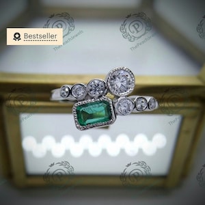 Circa 1880&#39;s retro vintage art nouveau toi et moi ring 2 carat diamond & emerald engagement ring in 935 argentium silver antique estate ring