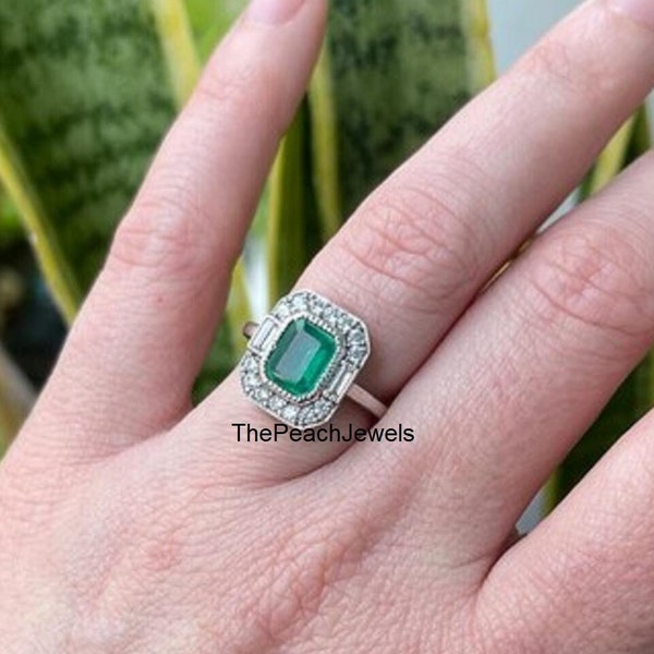 1880s Art Deco 2.50 Ct Green Emerald & Diamond Vintage Halo Engagement Ring In 935 Argentium Silver - Mid Century Ring - Art Deco Fine Rings