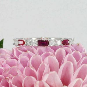 Vintage art deco 1880&#39;s diamond wedding band antique ring ruby stacking band moissanite dainty band in 935 argentium silver engagement ring