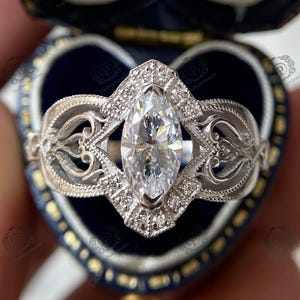 1880s Vintage 1.50 CT Marquise Cut Diamond Art Deco Engagement Rings In 935 Argentium Silver, Antique Filigree Ring, Estate Edwardian Ring