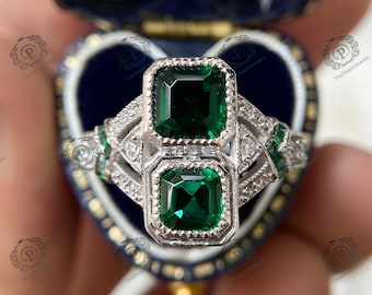 Anillo de compromiso art déco vintage de esmeralda de 2,70 ct en plata de ley 935, de alrededor de 1880. Anillo antiguo de diamantes y esmeralda, anillo de dos diamantes.