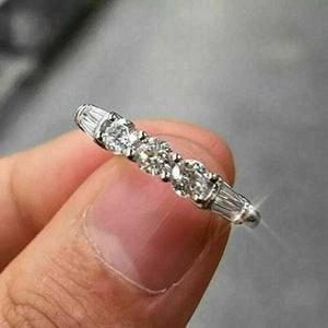 Art Deco Round & Baguette Diamond Wedding Band, Five Stone Engagement Ring, Moissanite Band, Vintage, Handmade Fine Jewelry, Stackable Ring