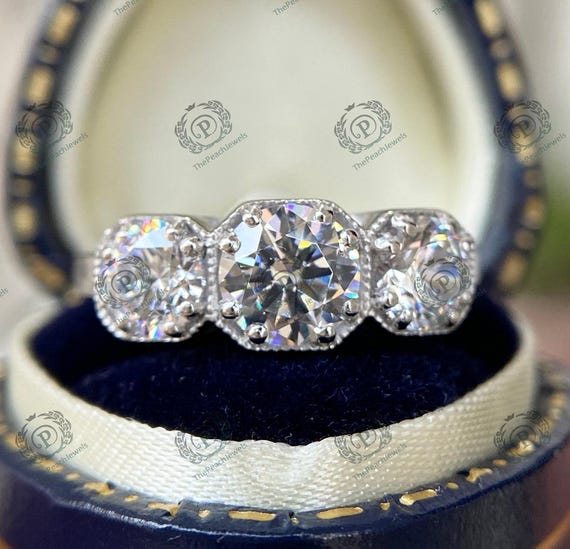 1880s Antique Art Deco Trilogy Estate Ring, 2 Cts Old European Diamond Engagement Ring In 935 Argentium Silver Vintage Estate Ring For Women