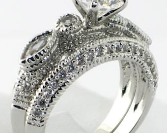 1880's estate art deco engagement bridal set, 2.00ct diamond engagement ring set in 935 argentium silver vintage ring set, antique band set