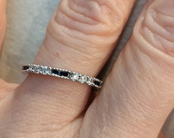 1880's Vintage Art Deco Band, Antique Stackable Band, Sapphire & Moissanite Minimalist Band Vintage Dainty Band Vintage Diamond Wedding Band