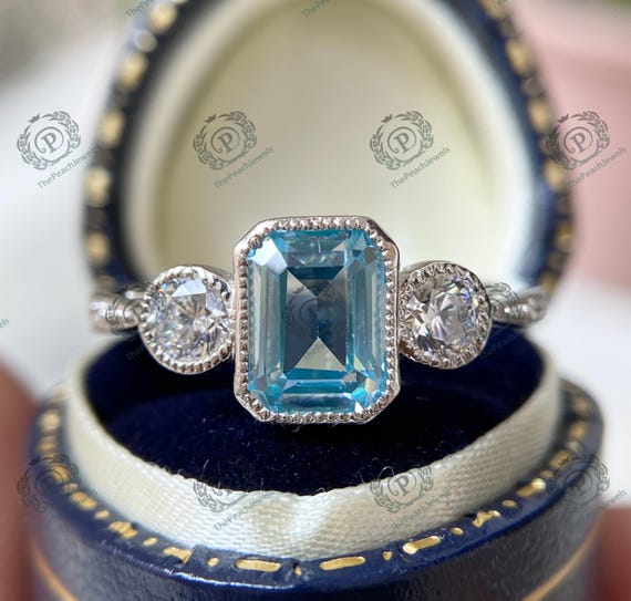 1880's Era 1.80 Ct Aquamarine Antique Vintage Art Deco Engagement Ring In 935 Argentium Silver Estate Ring Three Stone Filigree Vintage Ring