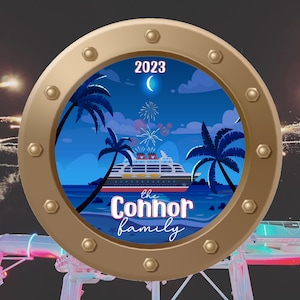May include: A gold-coloured porthole with a blue background showing a cruise ship sailing past palm trees and fireworks. The text "2023" and "the Cohhor family" is visible in the porthole.