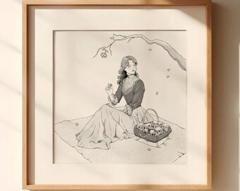 Art Print Vintage Picnic - Woman and Skulls Dark Academia Art Print, Moody Victorian Art Print, Dark Vintage Retro Pin Up Girl Art Macabre