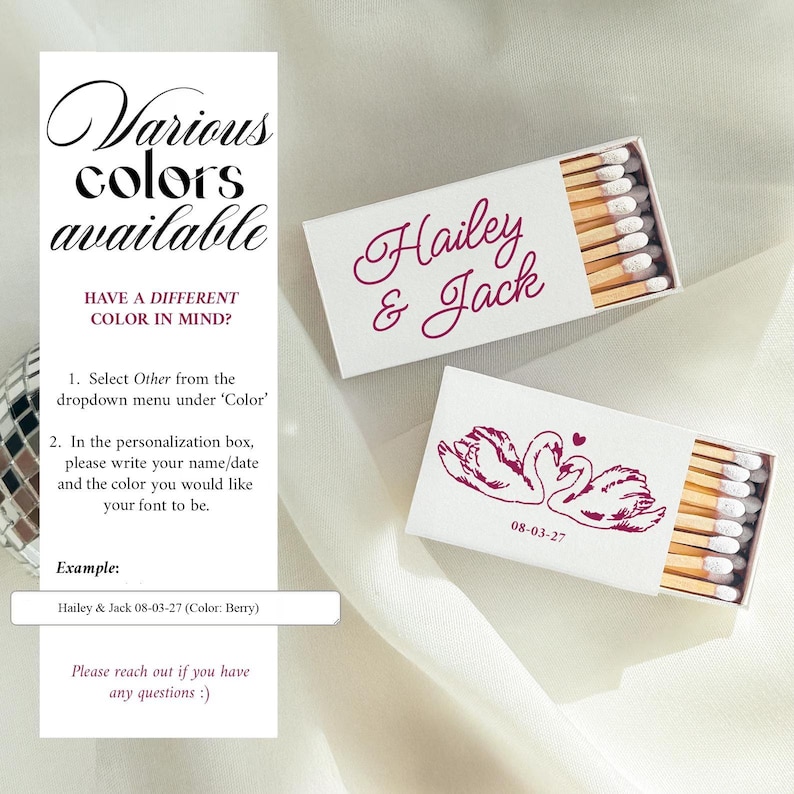 May include: Two white matchboxes with berry-colored ink. One box features the text Hailey & Jack in script. The other box displays a graphic of two swans forming a heart shape with the date 08-03-27 below. Both boxes contain wooden matches with white tips.