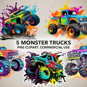 Monster Truck PNG BUNDLE | 5 Colourful Monster Trucks | Fun Motorsport Rally Illustration | Sublimation Designs | Clipart
