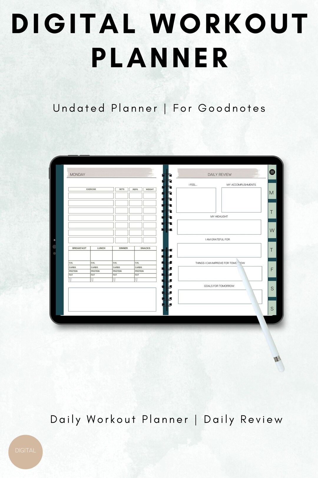 Goodnotes Digital Fitness Planner, Workout Planner, Wellness, Daily
