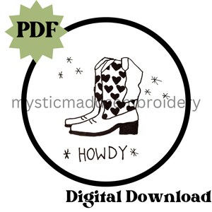 Howdy, Cowgirl Boot, Heart Detailing, Embroidery Template, Digital Download, Embroider Art