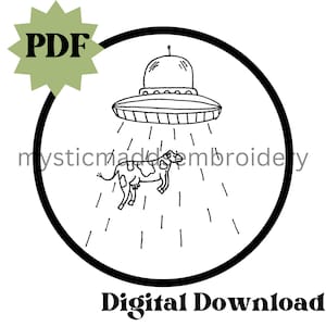 UFO PDF Embroidery Pattern - UFO design, Space Alien, Cow Abduction, Embroidery Template, Modern Embroidering