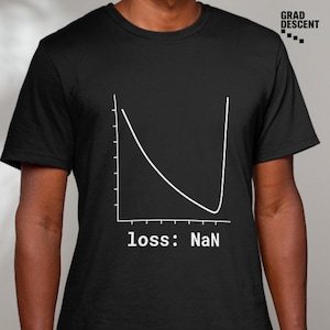 May include: A black short-sleeved t-shirt featuring a white line graph showing a steep decline followed by a sharp rise. Below the graph, the text reads "loss: NaN". In the top right corner, the text "GRAD DESCENT" is printed in white.