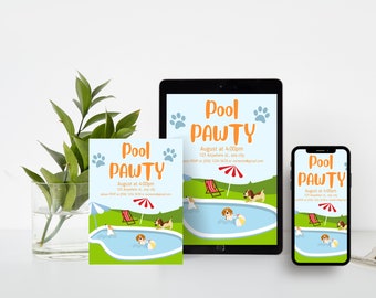May include: A blue and orange invitation for a pool party with the text "Pool Pawty" and a cartoon image of dogs swimming in a pool.