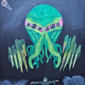 May include: A green, tentacled creature with multiple eyes floats above a hooded figure in a dark, starry sky. The creature has a menacing expression and appears to be reaching down towards the figure.