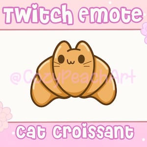 Könnte beinhalten: Eine Cartoon-Katze in Form eines Croissants. Die Katze ist braun und hat ein weißes Gesicht mit schwarzen Augen und Schnurrhaaren. Der Text "twitch emote" befindet sich über der Katze und der Text "cat croissant" unter der Katze.