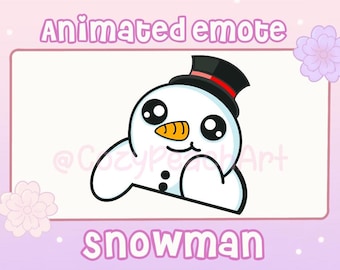 May include: An animated emote featuring a cute snowman with a black top hat, orange carrot nose, and big, expressive eyes. The word "snowman" is written in a playful font at the bottom. The background is a soft pink.