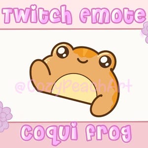May include: A cartoon illustration of a brown and yellow coqui frog with big eyes and a smile. The frog is waving its left arm. The image is labeled "Twitch emote" and "coqui frog".