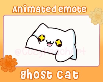 May include: A white cartoon ghost cat with star-shaped eyes and a smiling mouth. The image is labeled "Animated emote" and "ghost cat" in orange text. The background is orange with floral accents.