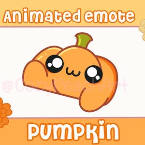 Könnte beinhalten: Animierte digitale Illustration eines niedlichen orangefarbenen Kürbisses mit großen Augen und einem kleinen Lächeln. Der Kürbis befindet sich auf einem weißen Hintergrund mit dem Text "pumpkin" darunter.