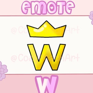 Può includere: Un'illustrazione digitale di una corona dorata sopra una lettera W dorata con la parola "emote" in lettere rosa sopra la corona e la lettera W ripetuta in rosa sotto la lettera W. Lo sfondo è rosa con due fiori viola su entrambi i lati dell'immagine.