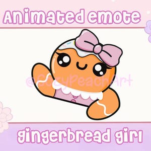 Op de afbeelding: Geanimeerde emote van een peperkoekenmeisje met een roze strik, jurk en witte glazuur. Het stripfiguur heeft grote zwarte ogen en zwaait. De tekst "Animated emote" en "gingerbread girl" worden in roze weergegeven.