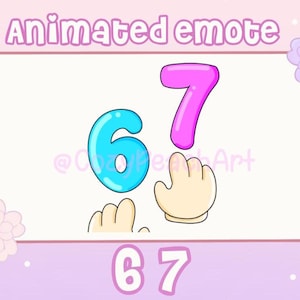 May include: Animated emote graphic showing the numbers 6 and 7, with cartoon hands interacting with the numbers. The number 6 is light blue, and the number 7 is pink. The background is light pink with floral accents.