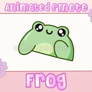 May include: Animated emote of a green frog with big eyes and a smile. The frog is sitting on its hind legs with its front legs crossed. The background is pink with white flowers.