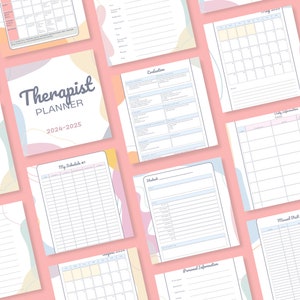 Könnte beinhalten: Ein Therapieplaner mit einem farbenfrohen, abstrakten Design. Der Planer enthält Abschnitte für persönliche Informationen, tägliche Informationen, einen Monatskalender, einen Zeitplan und Notizen für Studenten. Der Planer trägt den Titel "Therapist Planner 2024-2025".