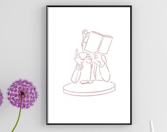 Pink Woman Line Art Print: Book and Coffee (Digital Download)