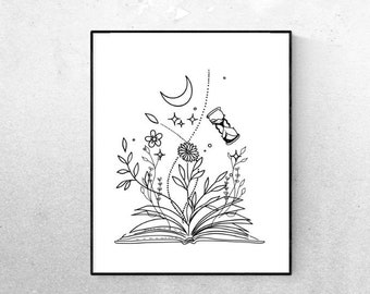 Book Art Prints,Flower Line Art, Gifts for Book Lovers, Minimal Line Art, Bookish Gifts,Mothers Day Gift,Book Line Art