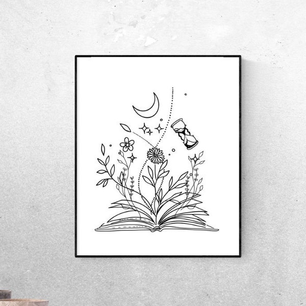 Book Art Prints,Flower Line Art, Gifts for Book Lovers, Minimal Line Art, Bookish Gifts,Mothers Day Gift,Book Line Art