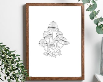 Mushroom Art Print: Botanical Fungi Line Art (Digital Download)
