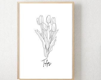 Lámina artística de tulipanes: Decoración botánica minimalista para pared (descarga digital)