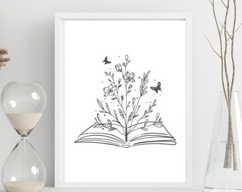 Book Art,Book Print, Printable Wall Art, Line Art, Gifts for Book Lovers,Bookish Gifts,Neutral Art Print, Minimalist Decor